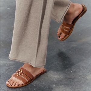 Zara Brown Leather Slide Sandals